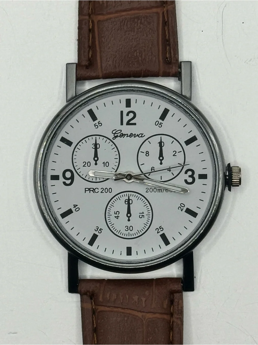 Geneva Silver Case White Dial Brown Faux Leather-Style Strap Watch